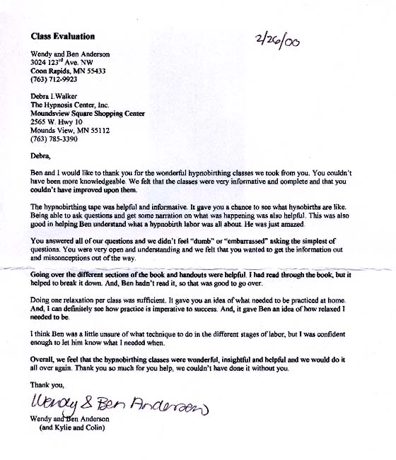 HypnoBirthing letter from Anderson