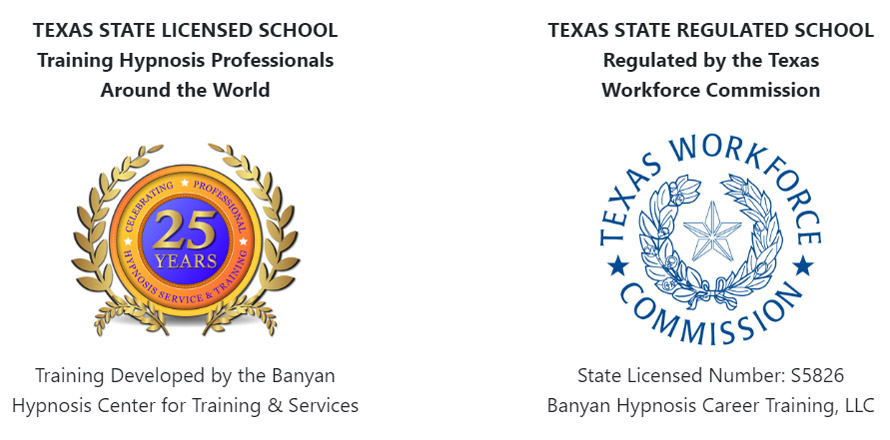 Texas State Licensed School - 25 Years of Hypnosis Service and Texas Workforce Commission - State Licensed Number